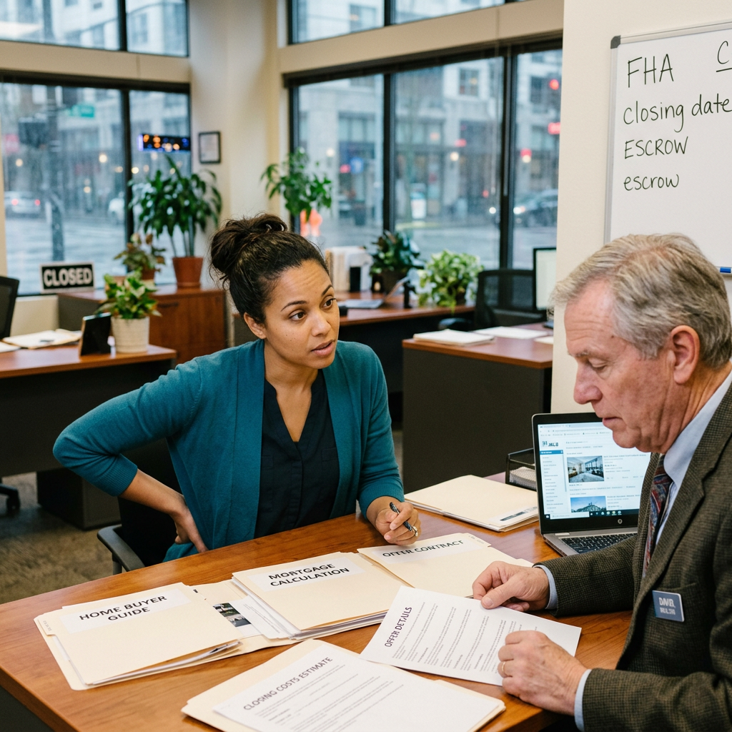 Homebuyer and adviser reviewing documents labeled Home Buyer Guide, Mortgage Calculation, Offer Contract, Closing Cost Estimate, and Order Details; whiteboard reads FHA, Closing date, and ESCROW.